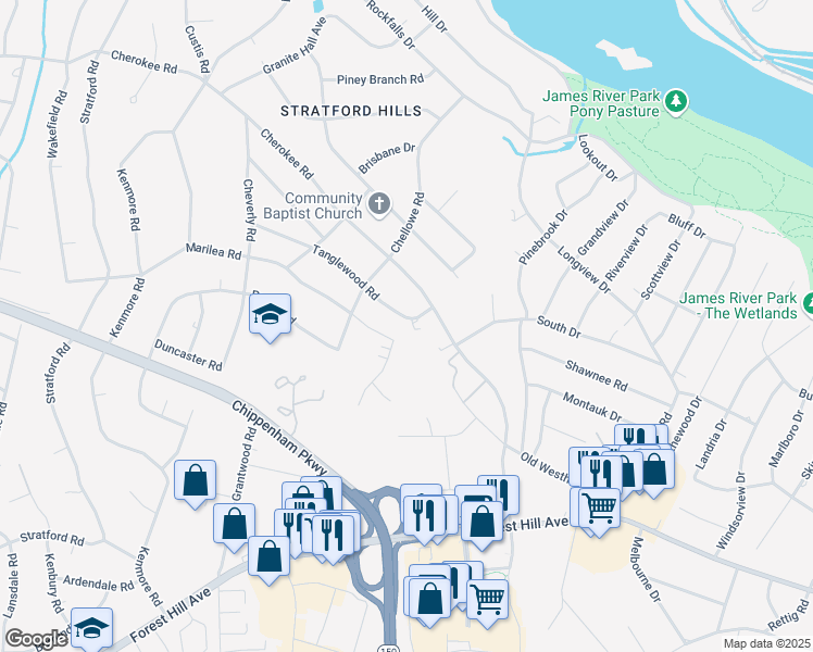 map of restaurants, bars, coffee shops, grocery stores, and more near 7419 Tanglewood Road in Richmond