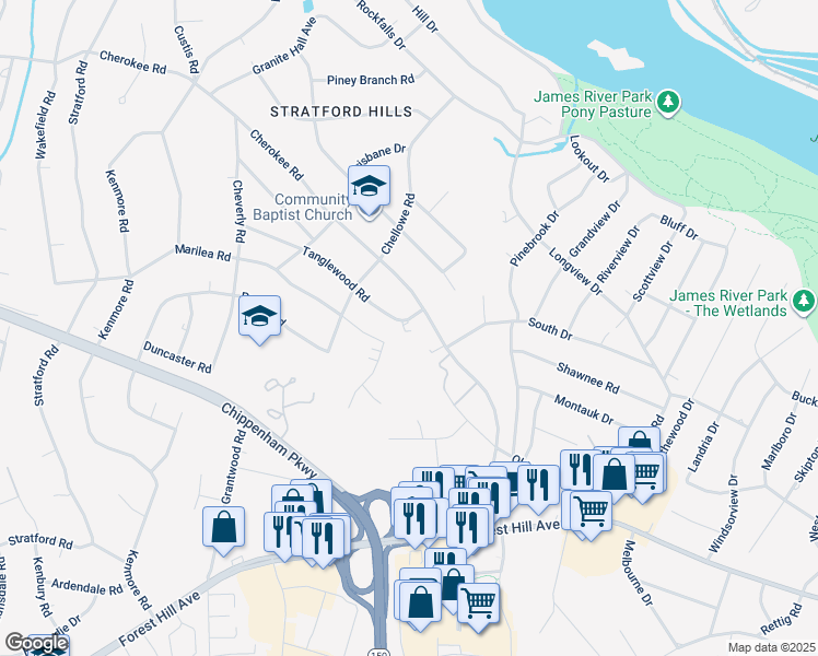 map of restaurants, bars, coffee shops, grocery stores, and more near 7409 Tanglewood Road in Richmond