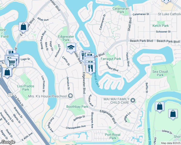map of restaurants, bars, coffee shops, grocery stores, and more near 999 Edgewater Boulevard in Foster City