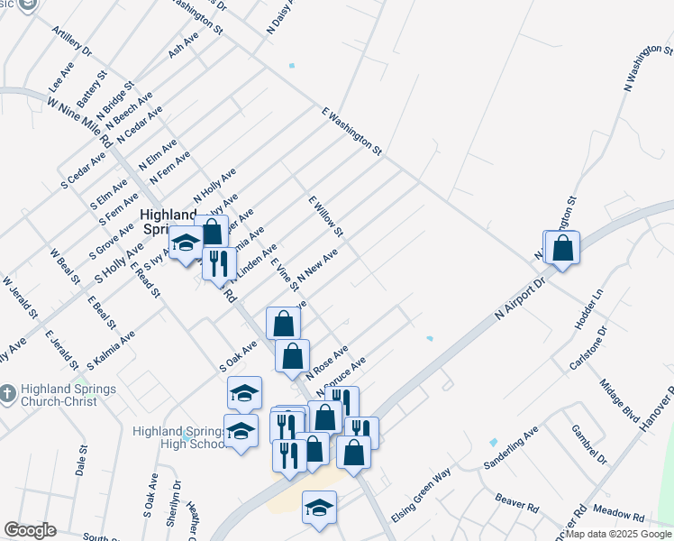 map of restaurants, bars, coffee shops, grocery stores, and more near 122 North Oak Avenue in Highland Springs