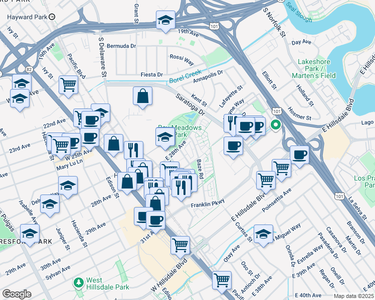 map of restaurants, bars, coffee shops, grocery stores, and more near 2852 Paddock Way in San Mateo