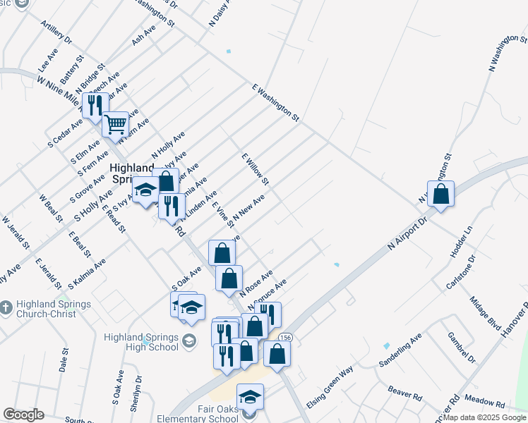 map of restaurants, bars, coffee shops, grocery stores, and more near 122 North Oak Avenue in Highland Springs