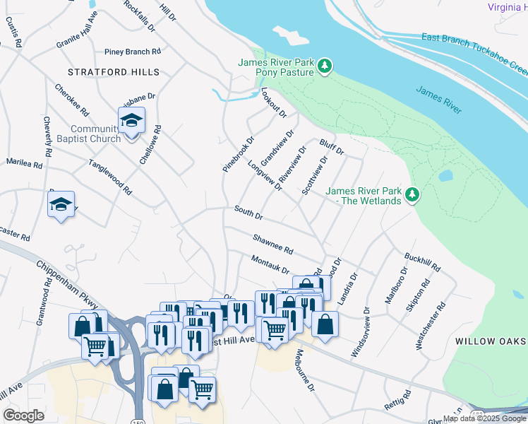 map of restaurants, bars, coffee shops, grocery stores, and more near 7028 South Drive in Richmond