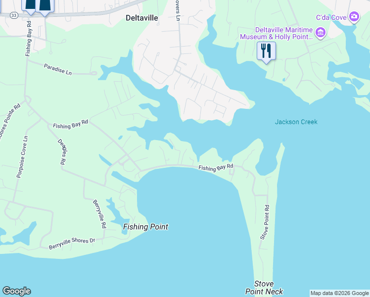 map of restaurants, bars, coffee shops, grocery stores, and more near 1311 Fishing Bay Road in Deltaville