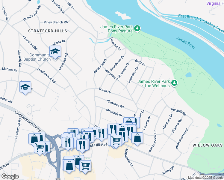 map of restaurants, bars, coffee shops, grocery stores, and more near 7028 South Drive in Richmond
