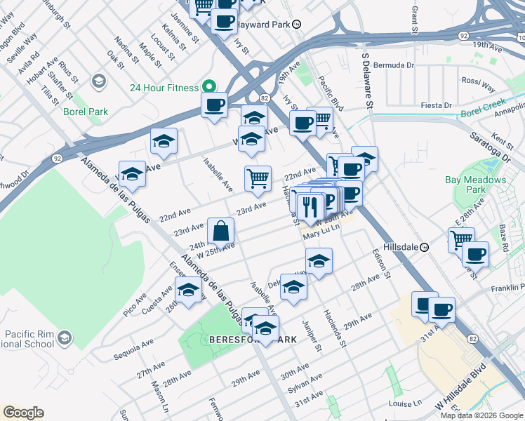 map of restaurants, bars, coffee shops, grocery stores, and more near 300 24th Avenue in San Mateo