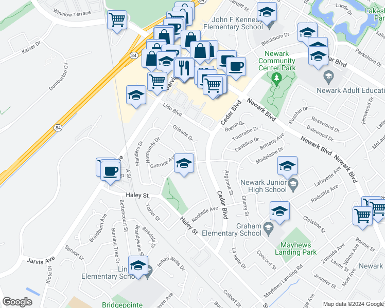 map of restaurants, bars, coffee shops, grocery stores, and more near 35593 Cleremont Drive in Newark