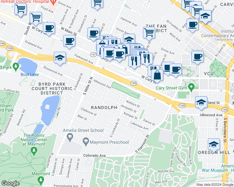map of restaurants, bars, coffee shops, grocery stores, and more near 1711 Idlewood Avenue in Richmond