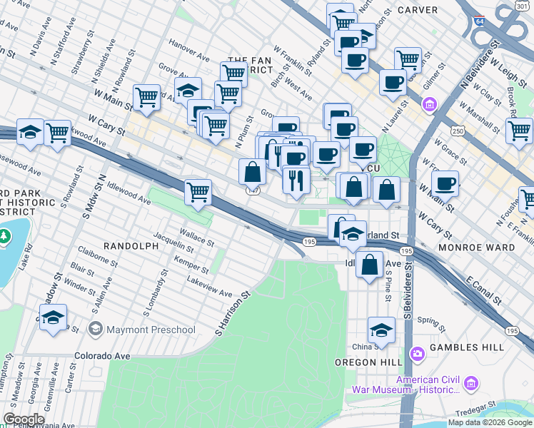 map of restaurants, bars, coffee shops, grocery stores, and more near in Richmond