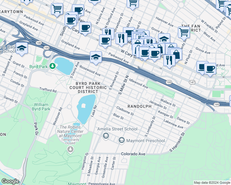 map of restaurants, bars, coffee shops, grocery stores, and more near 2011 Maplewood Avenue in Richmond