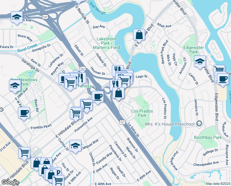 map of restaurants, bars, coffee shops, grocery stores, and more near 2940 South Norfolk Street in San Mateo