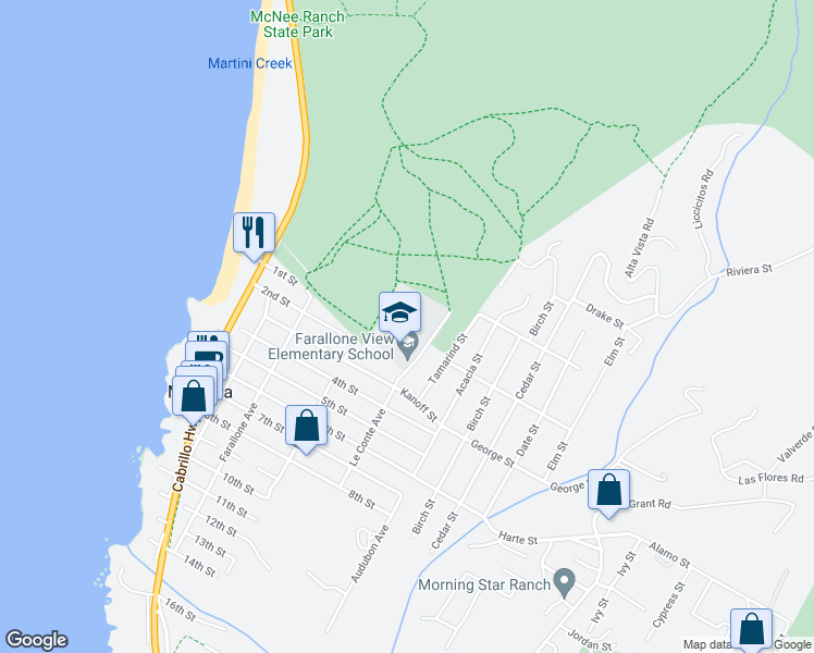 map of restaurants, bars, coffee shops, grocery stores, and more near 1100 Le Conte Avenue in Half Moon Bay
