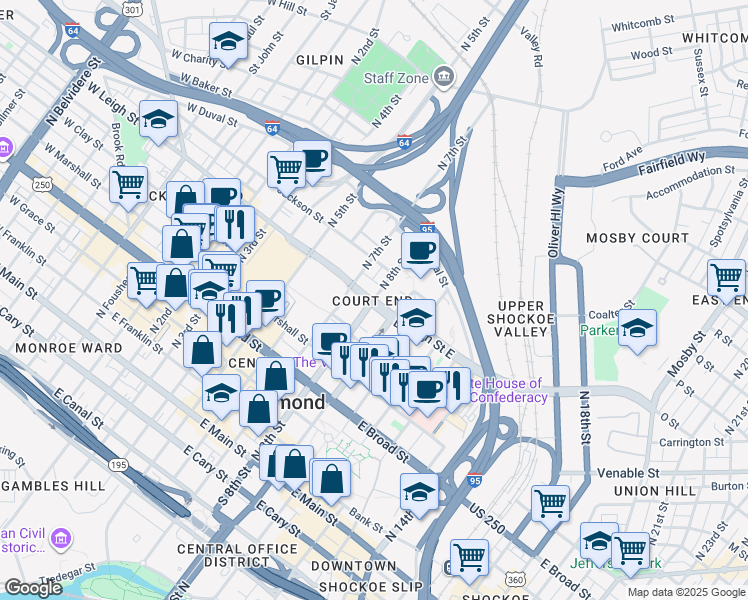 map of restaurants, bars, coffee shops, grocery stores, and more near 800 East Leigh Street in Richmond