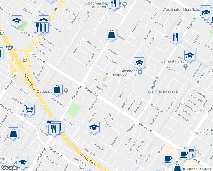 map of restaurants, bars, coffee shops, grocery stores, and more near 37842 Elliot Street in Fremont
