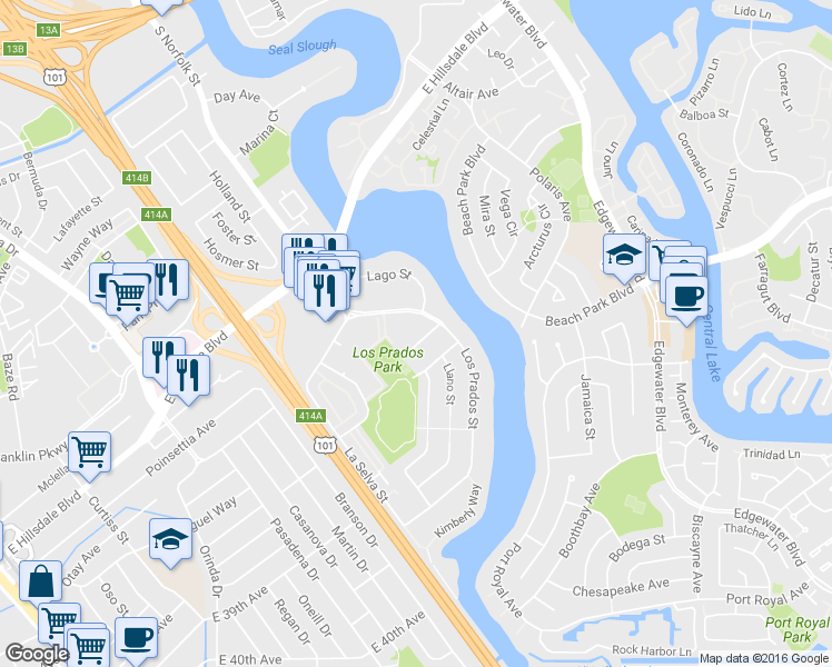 map of restaurants, bars, coffee shops, grocery stores, and more near 1855 El Parque Court in San Mateo