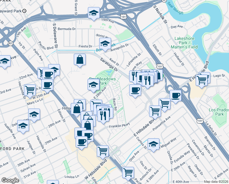 map of restaurants, bars, coffee shops, grocery stores, and more near 402 Longden Avenue in San Mateo