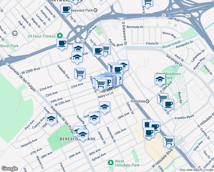 map of restaurants, bars, coffee shops, grocery stores, and more near 105 Mary Lu Lane in San Mateo