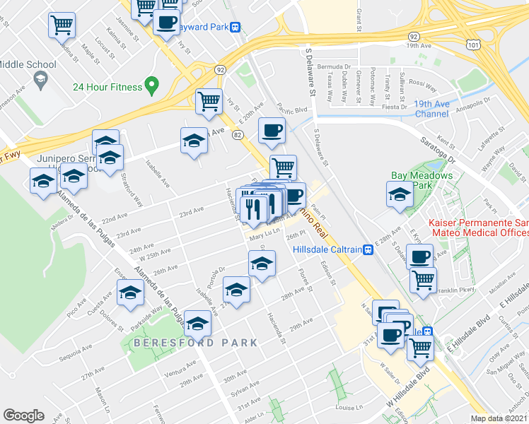 map of restaurants, bars, coffee shops, grocery stores, and more near 168 West 25th Avenue in San Mateo