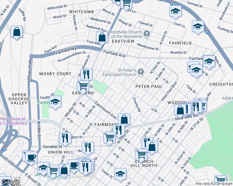 map of restaurants, bars, coffee shops, grocery stores, and more near 1414 North 22nd Street in Richmond
