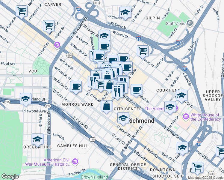 map of restaurants, bars, coffee shops, grocery stores, and more near 210 East Grace Street in Richmond