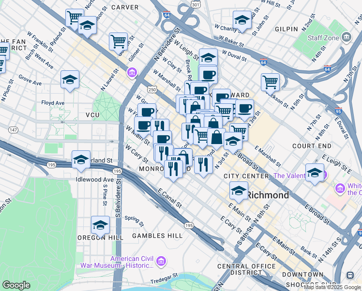 map of restaurants, bars, coffee shops, grocery stores, and more near 3 East Franklin Street in Richmond