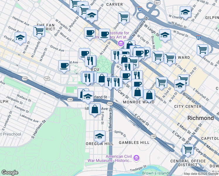 map of restaurants, bars, coffee shops, grocery stores, and more near 124 South Belvidere Street in Richmond