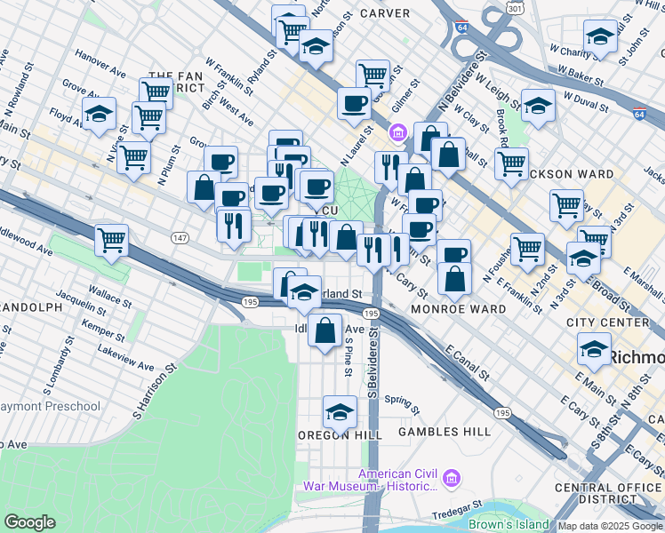 map of restaurants, bars, coffee shops, grocery stores, and more near 125 South Laurel Street in Richmond