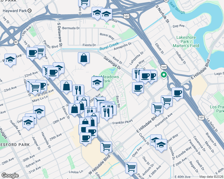 map of restaurants, bars, coffee shops, grocery stores, and more near 2842 Catalino Street in San Mateo