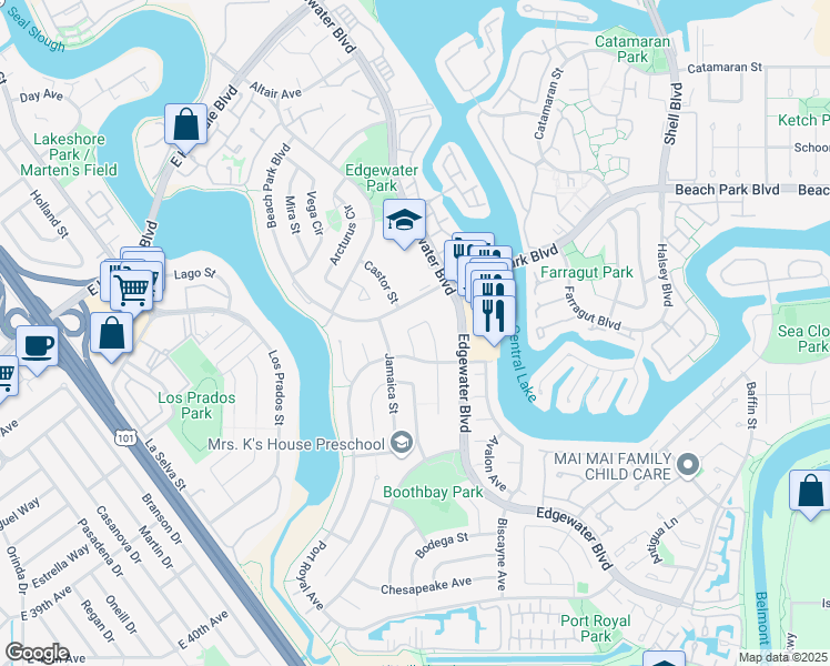 map of restaurants, bars, coffee shops, grocery stores, and more near 940 Laguna Circle in Foster City