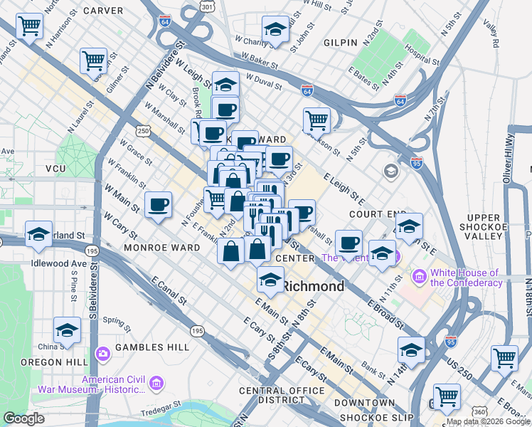map of restaurants, bars, coffee shops, grocery stores, and more near in Richmond