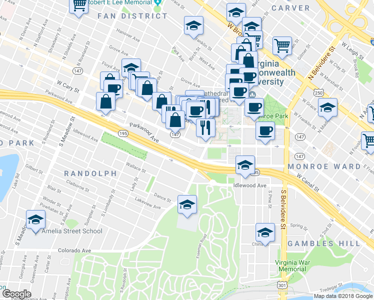 map of restaurants, bars, coffee shops, grocery stores, and more near 1224 Parkwood Avenue in Richmond