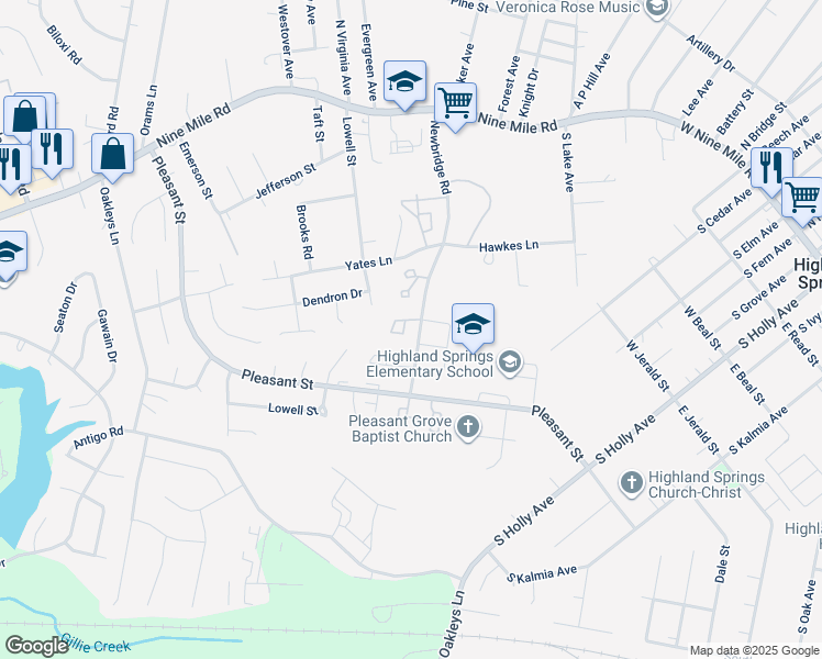map of restaurants, bars, coffee shops, grocery stores, and more near 407 Newbridge Terrace in Richmond