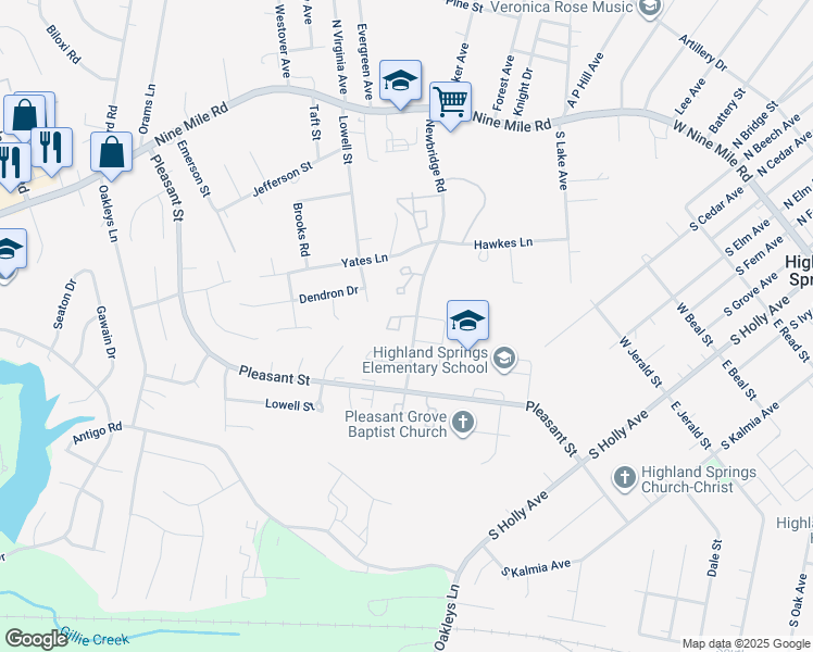 map of restaurants, bars, coffee shops, grocery stores, and more near 407 Newbridge Terrace in Richmond