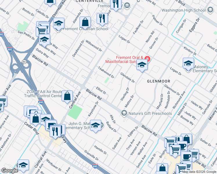 map of restaurants, bars, coffee shops, grocery stores, and more near 37842 Elliot Street in Fremont
