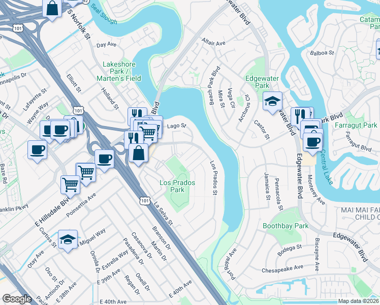 map of restaurants, bars, coffee shops, grocery stores, and more near 3077 Los Prados Street in San Mateo