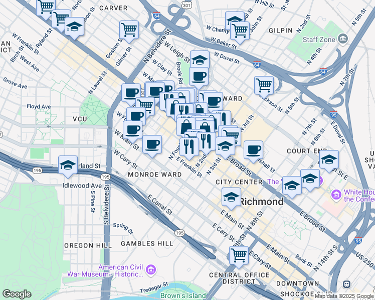 map of restaurants, bars, coffee shops, grocery stores, and more near in Richmond