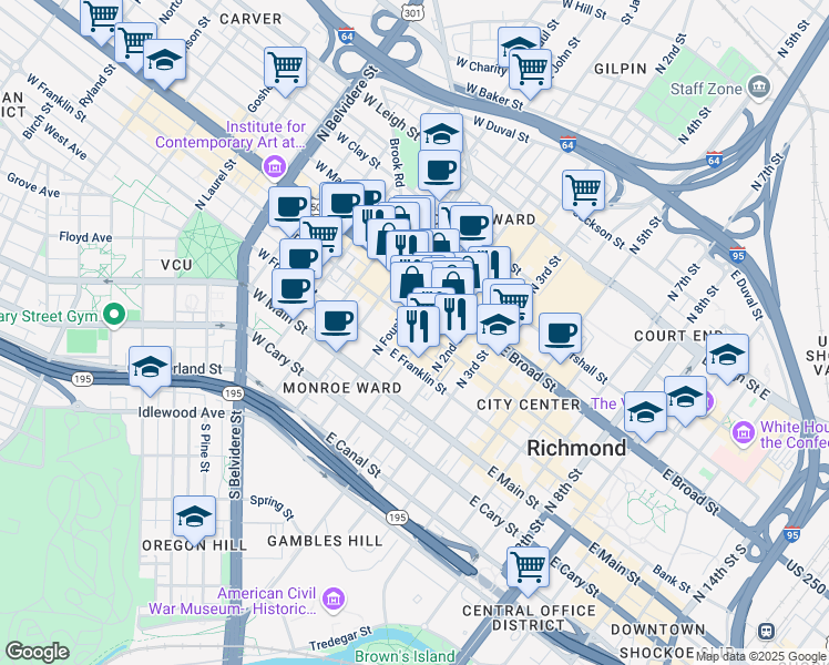 map of restaurants, bars, coffee shops, grocery stores, and more near 11 East Broad Street in Richmond