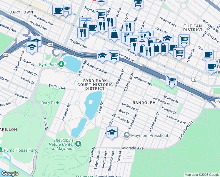 map of restaurants, bars, coffee shops, grocery stores, and more near 2116 Lakeview Avenue in Richmond