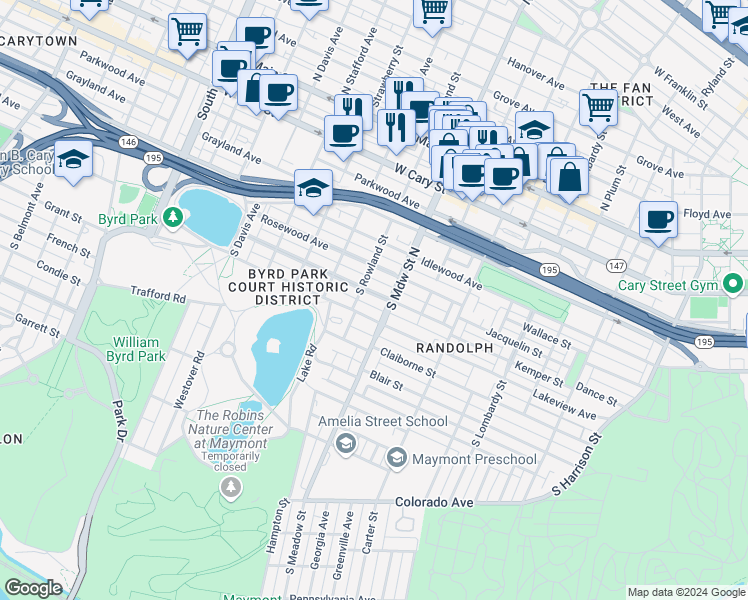 map of restaurants, bars, coffee shops, grocery stores, and more near 2015 Maplewood Avenue in Richmond