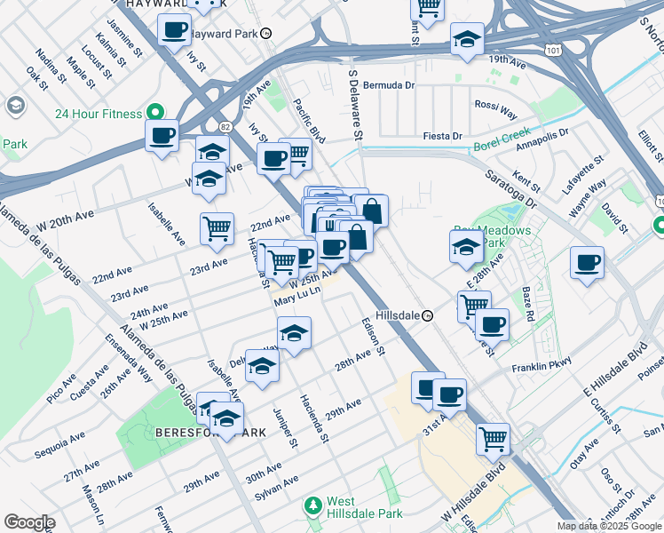 map of restaurants, bars, coffee shops, grocery stores, and more near 16 West 25th Avenue in San Mateo