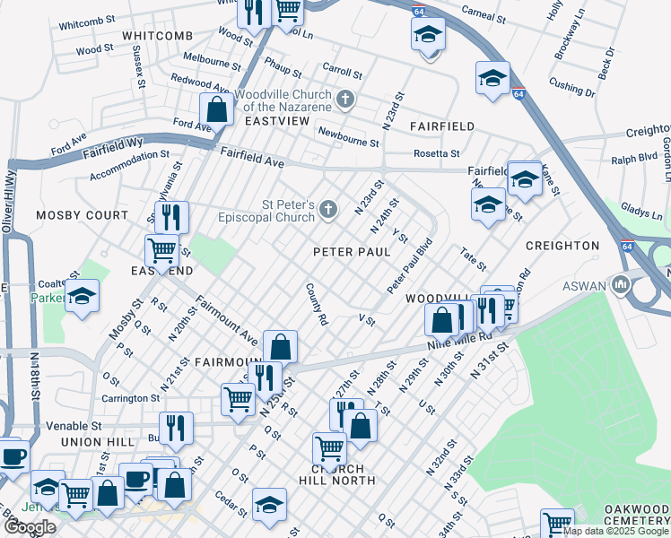 map of restaurants, bars, coffee shops, grocery stores, and more near 1700 North 23rd Street in Richmond