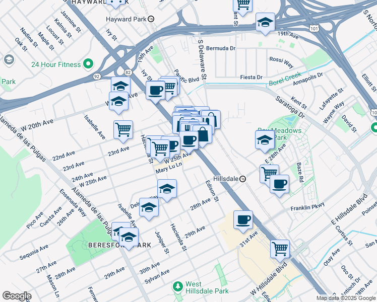 map of restaurants, bars, coffee shops, grocery stores, and more near 16 West 25th Avenue in San Mateo