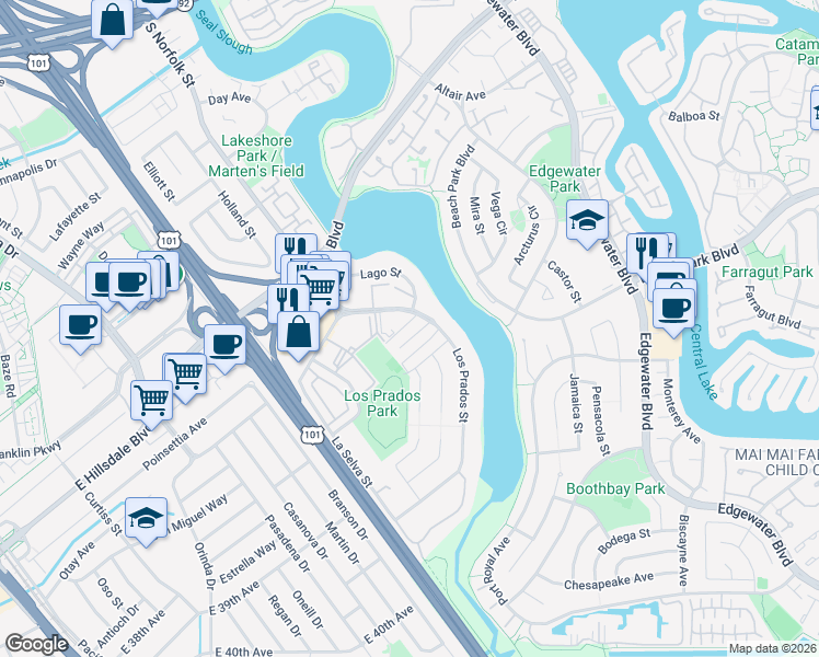 map of restaurants, bars, coffee shops, grocery stores, and more near 3077 Los Prados Street in San Mateo