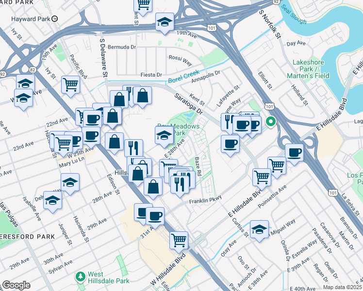 map of restaurants, bars, coffee shops, grocery stores, and more near 388 East 28th Avenue in San Mateo