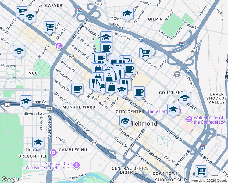 map of restaurants, bars, coffee shops, grocery stores, and more near 112 U.S. 33 in Richmond