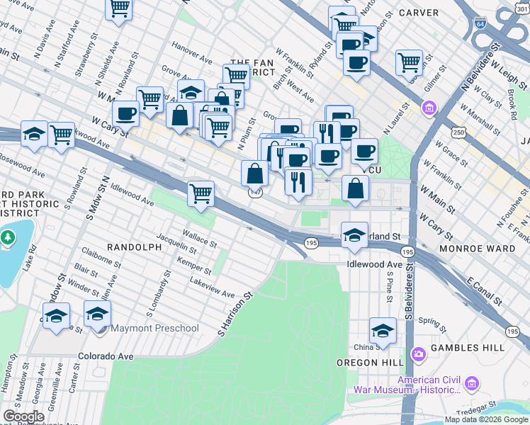 map of restaurants, bars, coffee shops, grocery stores, and more near 1315 West Cary Street in Richmond