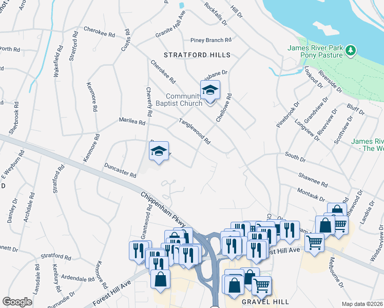 map of restaurants, bars, coffee shops, grocery stores, and more near 7500 Marilea Road in Richmond