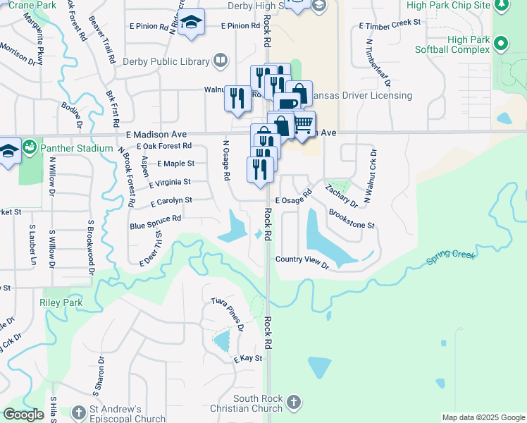 map of restaurants, bars, coffee shops, grocery stores, and more near 101 North Rock Road in Derby