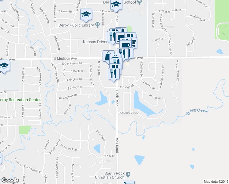 map of restaurants, bars, coffee shops, grocery stores, and more near 101 North Rock Road in Derby