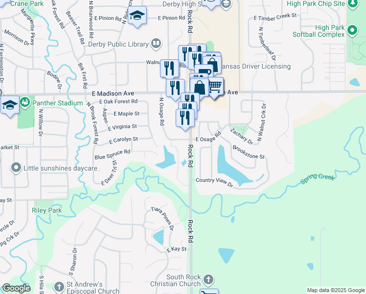 map of restaurants, bars, coffee shops, grocery stores, and more near 101 South Rock Road in Derby